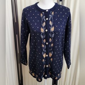 Vintage (90s) Grace Navy and Gold Button-Up Cardigan Sweater | Size Small